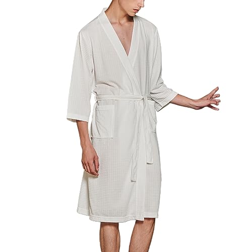 Lu's Chic Men's Waffle Robe Kimono Bathrobe Short Knee Length Lightweight Light Pockets2