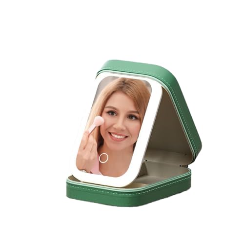 Caja de almacenamiento de maquillaje, neceser con espejo iluminado, portátil, 3 colores, luz LED, con compartimentos y espejo iluminado, verde, Zinueen 425 cm
