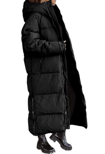 Tankaneo Damen Lange Wintermantel mit abzippbarer Kapuze Langarm Puffer Gesteppter Mantel Funktionsjacke in Daunenoptik Winter Oberbekleidung,Schwarz,XL