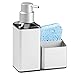 mDesign Modern Aluminum Kitchen Sink Countertop Liquid Hand Soap Dispenser Pump Bottle Caddy with Storage Compartments - Rust Free - Holds and Stores Sponges, Scrubbers and Brushes - Silver