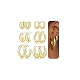 Chunky Gold Hoop Earrings for Women, 14K Gold Plated Lightweight Small Hoop Earrings Pack, Hypoallergenic Open Twisted Huggie Hoops Set Summer Beach Jewelry Gifts