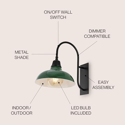 Image of JONATHAN Y 12.25 inch Green /Black 1-Light Farmhouse Gooseneck Outdoor Wall Sconce Lamp, with Black Metal Bowl Shade, Industrial Iron LED Porch Light for Patio Garage Entryway (JYL7614F)