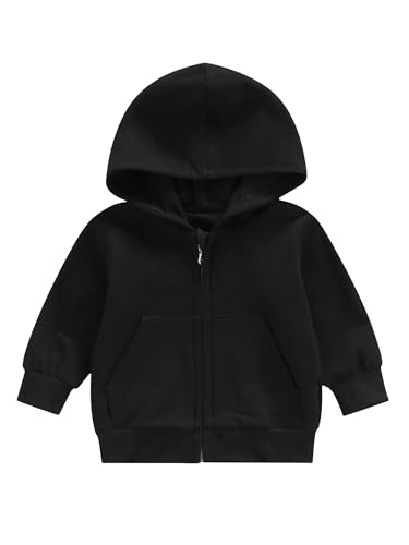Dubute Chaqueta con cremallera para bebé niño o niña, sudadera con capucha de color sólido para niños, ropa de abrigo de invierno con bolsillos, Negro, 12-18 meses