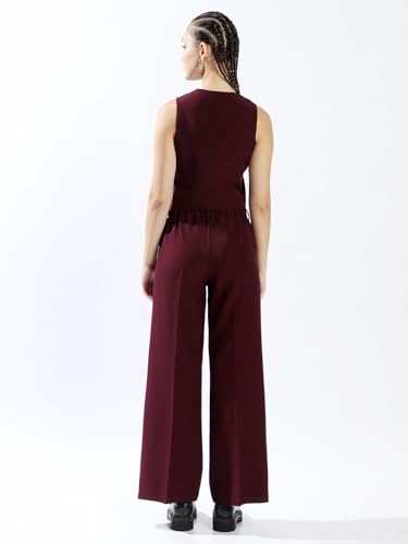 Image of High Star Women Solid Regular length Tailored Fit V neck Sleeveless Waistcoat and Wide leg Trouser Co-ord Set