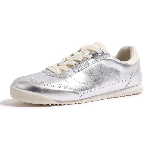 LUCKY STEP Baskets Plates en Cuir pour Femme – Sneakers Mode à Lacets, Chaussures Casual pour Tennis et Tous Les Jours (Argent, 9US-39EU-6UK)
