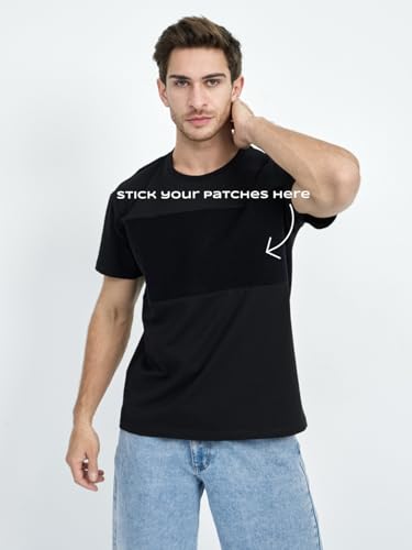 Men’s Customizable Black T-Shirt with Patches Area, Regular Fit, Boat Neck, Soft Cotton-Lycra Blend for Personalization
