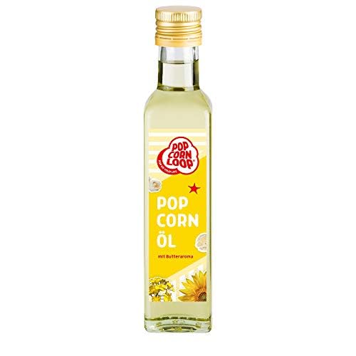 Popcornloop Popcorn Öl für Mais 250 ml Flaschen Hocherhitzbar Butter High Oleic Fett mit Butteraroma Buttergeschmack Oil Omega Hocherhitzbares Bratöl Popcornmaschine Zucker Salz Rapsöl Sonnenblumenöl