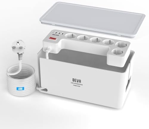 BEVA Kabelbox mit Steckdosenleiste 3680W/16A und 4M Kabel,Weiß | 1050J Steckdosenleiste Überspannungsschutz , Mehrfachsteckdose mit 6 Steckdosen+ 3USB-A+1USB-C , Mehrfachstecker mi