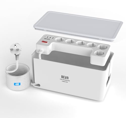 BEVA Multipresa con Scatola Porta Cavi, Ciabatta Elettrica Presa (3680W), con 3 USB-A e 1 USB-C, Ciabatta Multipresa con Protezione Sovratensione, Cavo da 4M, Bianco