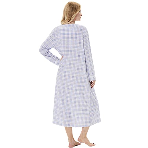 Keyocean Cotton Plaid Women Nightgowns, Soft Warm Comfortable Lightweight Long Sleeves Ladies Nightdress, Blue Plaid, Xx-Large #TOP1