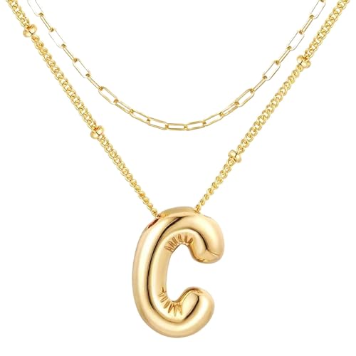 VLIEGEN Bubble Letter Necklace Balloon Initial Necklaces for Women Dainty Alphabet Pendant 14K Gold Plated Dainty Balloon Bubble Letter Necklaces Name Letter Alphabet Pendant Letter C