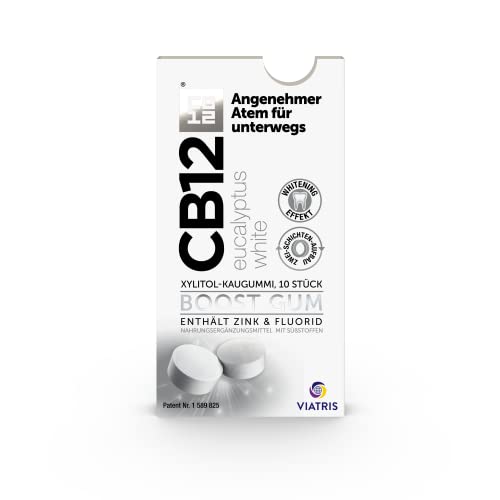 CB12 Boost Eucalyptus White Kaugummi – zuckerfreies zahnaufhellendes Kaugummi, gegen Mundgeruch, sofortige Frische unterwegs, Eukalyptusgeschmack – 10 Stück