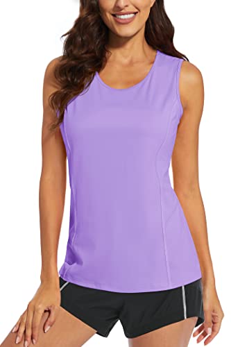 Magcomsen Women's Sleeveless Workout Shirts Summer Exercise Running Tank Tops Dry Fit Active Gym Sun Protection Shirts Light Purple M #TOP9