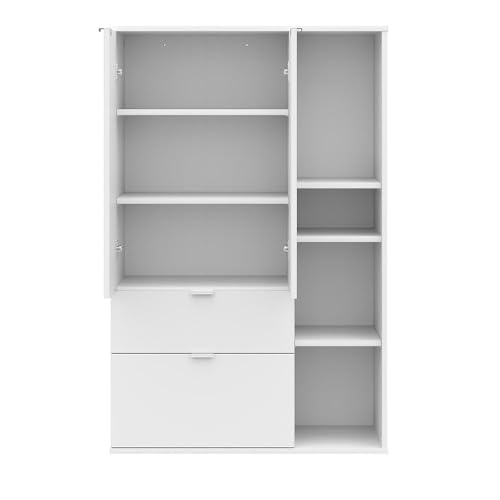 Image of Wakefit Engineered Wood Cabinet | 1 Year Warranty | Storage Cabinet for Home Kitchen Living Room | 1 Closed Compartment, 2 Drawers & 4 Open Shelves | Pattens - Frosty White