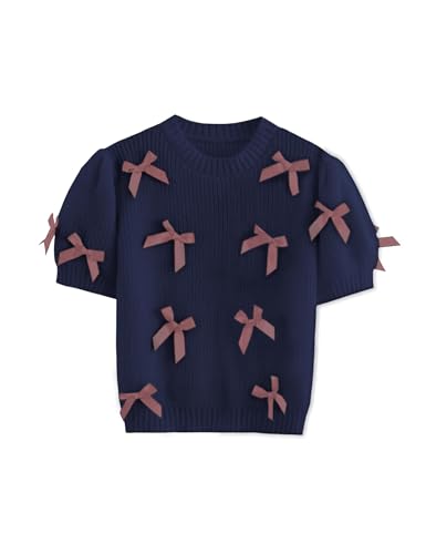 Image of Women's Sweaters Knitted Crewneck Puff Bubble Short Sleeve Pullover Tops Casual Bow T Shirts Chic Blouses