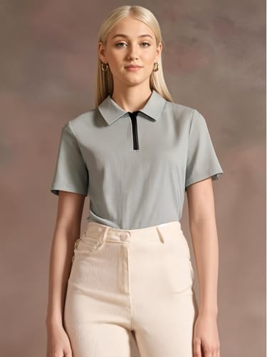 Image of Mack Jonney Ribbed |Regular Fit | Half Sleeves 100% Cotton Polo Neck Self Design with Zip T-Shirt for Women-M950