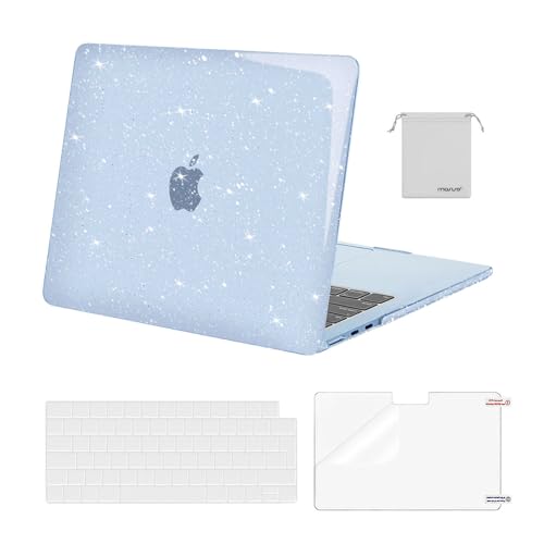 MOSISO Funda Compatible con MacBook Air 13,6 Pulgadas M4 M3 M2 2025 2024 2022 A3240 A3113 A2681, Purpurina Brillante Carcasa&Teclado Tapa&Protector Pantalla&Bolsa de Almacenaje,Azul Celeste