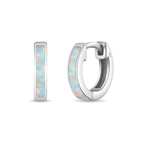 925 Sterling Silver Simulated Opal Inlay Huggie Hoop Earrings For Little Girls and Preteens 8mm - Glittering Simulated Opal Earrings For Young Girls - Cute Huggie Earrings For Kids