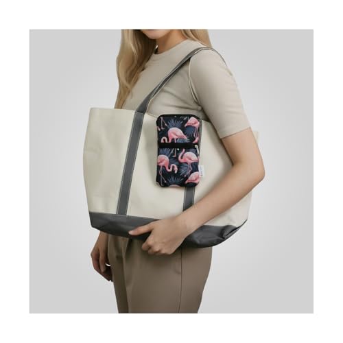 Image of Tainada 2-Zip Neck Phone Pocket Bag w /Belt Loop (Flamingo Pattern Gray) | For Men /Women; Water-resistant neoprene pouch, shockproof, lightweight, w /carabiner; Compatible with most of smartphones