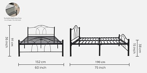 Image of Alto Metal Queen Size Bed Without Storage | Wrought Iron Double Bed with Headboard & Footboard | Sturdy Powder Coated Platform Bed Queen Size Cot for BedroomLivingRoom Black (75x60)