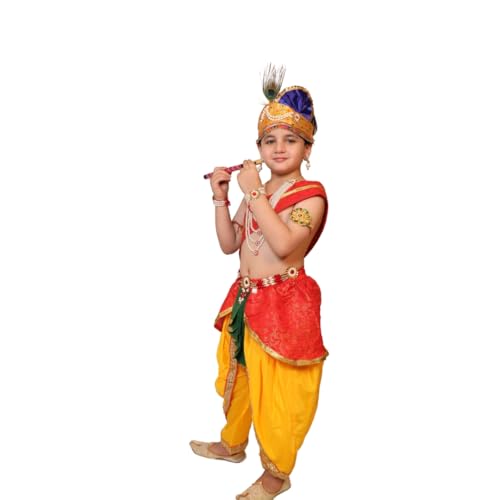 Image of Kaku Fancy Dresses Krishna Costume With Dhoti For Boy /Janmashtami /Bal Gopal Dress /Kanha Costume /Bal Krishna /Mythological Costume For Boy - Yellow-Red, 1-2 Years