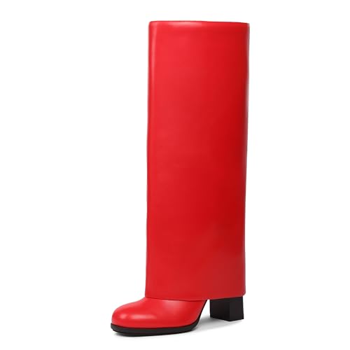 Meolee Knee High Boots Women Fold Over Chunky High Heels Long Boots Zipper Round Toe Dress Tall Boots for Women