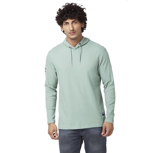 Image of Spykar Men's Slim Fit Hooded Full Sleeve Solid Casual T-Shirt