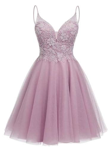 Image of Sparkly Tulle Homecoming Dresses Short Lace Prom Dresses for Teens V Neck Beaded Cocktail Dresses