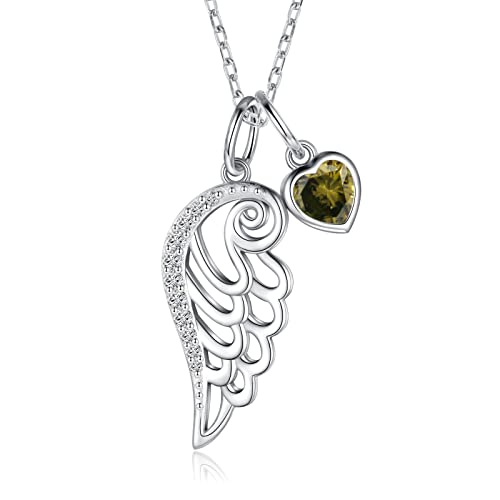 Birthstone Wing Necklace 925 Sterling Silver Guardian Angel Wing Feather Pendant Necklace Jewelry Gift for Women