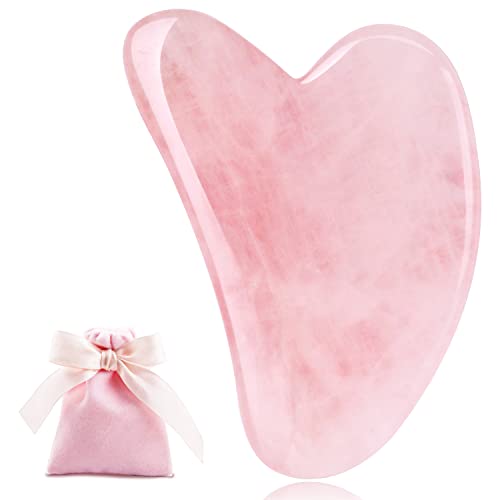 Gua Sha Facial Tool, Gua Sha Massage Tool for Face, Rose Quartz Guasha Stone with Pouch, Face Scraping Massager Skin Tightening, Reduce Fine Lines Wrinkles, Anti-Aging (Pink)