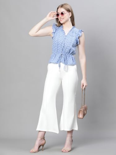 Image of oxolloxo Women Floral Print Ruffle Detailed Pleated Elasticated Tie-Up Short Sleeve Cotton Top