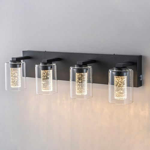 Image of SineRise Bathroom Vanity Light with 3 Color Modes (3000K /4000K /6000K), Eye Protection LED Bathroom Light Fixture, Dimmable Modern Wall Light Over Mirror with Clear Glass Shade (Black, 4-Light)