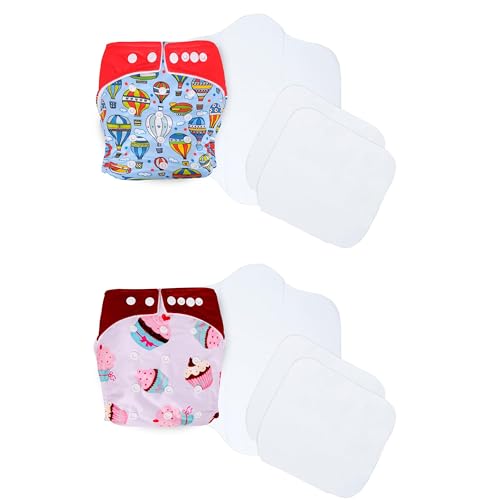 Image of Ambaby Cloth Diapers Combo Pack Quick Dry Comfort Gots Certified Free Size Button Adjustable, Washable, Reusable, Multilayered Cotton Pads And Boosters, Parachute And Cup Cake Printed - Pack Of 2