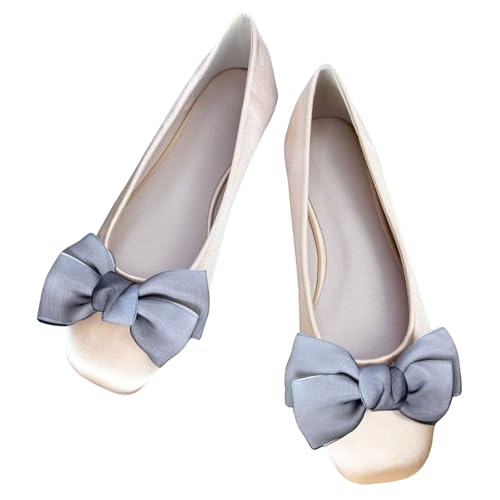 WENJIAZHIZHI Women's Bow-Knot Square Toe Ballet Flats Cute Party Flats Soft Dress Shoes Slip-On Flat Shoes Female Loafers