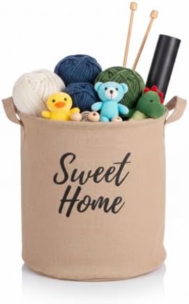 Deconox "Sweet Home" Yuvarlak Jüt Düzenleyici Sepet (Çap 32cm, Yükseklik 36cm) – Krem Renk Katlanabilir Kumaş Kulplu Organizer | Büyük Boy Oyuncak, Çamaşır, Battaniye ve Ev Tekstili Sepeti - Görsel 1