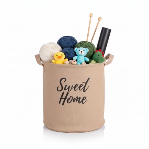 Deconox "Sweet Home" Yuvarlak Jüt Düzenleyici Sepet (Çap 32cm, Yükseklik 36cm) – Krem Renk Katlanabilir Kumaş Kulplu Organizer | Büyük Boy Oyuncak, Çamaşır, Battaniye ve Ev Tekstili Sepeti
