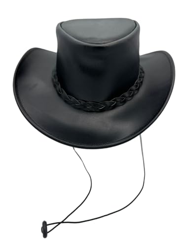 Chapéu de couro estilo aventureiro Fedora em cor preta nos tamanhos L, XL, Preto