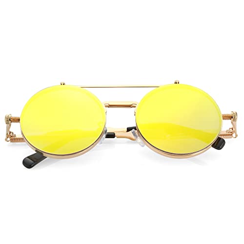 Kursan Vintage Round Flip Up Sunglasses for Women Men Hippie Style Circle Sun Glasses (Gold/Yellow Mirrored) — view 3