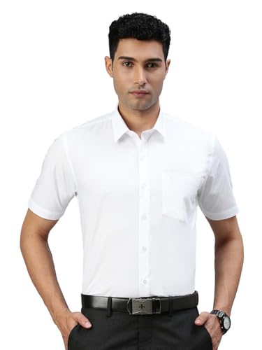 Image of RAMRAJ COTTON Men White Solid Half Sleeve Cotton Shirt