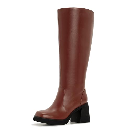 ZXHYZLZ Women’s Wide Calf Knee-High Boots – Plus Size Faux Leather Riding Boots with Chunky Heel & Platform for Winter
