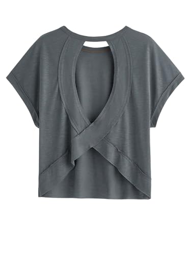 Image of SOLY HUX Women Open Back Tops Workout Backless Tee Casual Athletic Shirts Short Sleeve Oversized Gym T Shirt