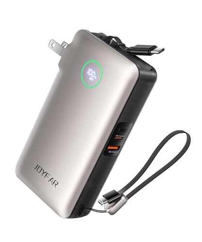 Image of JOYFAR Portable Charger Power Bank - Battery Pack 35W AC Plug GaN 10000mAh Built in Cable USB C Phone Fast Charging Powerbank Compatible with iPhone 16 15 14 13 12 11 X iPad MacBook Samsung (Gold)