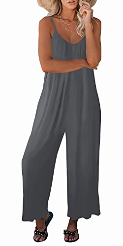 Snugwind Women's Loose Sleeveless Jumpsuits Adjustable Spaghetti Strap Stretchy Long Pant Romper Jumpsuit With Pockets Medium Gray #TOP2