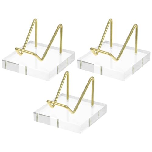 Yardwe Expositor de Cristal Transparente de 3 Piezas para Piedras Preciosas y Minerales, Base Dorada de Metal y Acrílico, Soporte Elegante para Oficinas y Espacios Interiores
