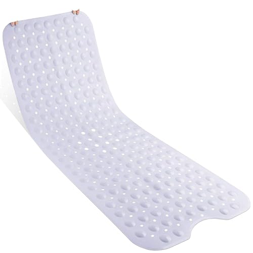 Nimrozo Bath Tub Shower Mat Premium Quality Silicone Extra Long 100 x 40 CM - Non Slip with Drain Holes Suction Cups, Machine Washable, Phthalate Free, Latex Free, BPA Free, White, SM-01