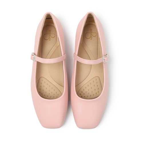 Bebxufa Women's Square Toe Mary Jane Ballet Flats Shoes with Adjustable Strap, Slip On Comfortable Work Flats, Soft Leather Dressy Shoes Pink,10