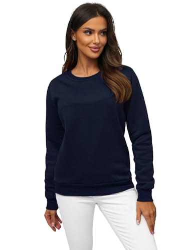 OZONEE Damen Sweatshirt Pullover Langarm Farbvarianten Langarmshirt Pulli ohne Kapuze Baumwolle Baumwollmischung Classic Basic Rundhals-Ausschnitt Sport 777/3001B DUNKELBLAU M