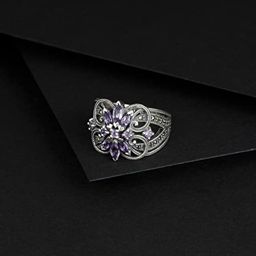 Image of Gemondo USA 925 Sterling Silver Amethyst & Marcasite Art Nouveau Ring Size 6, 7, 8, and 9