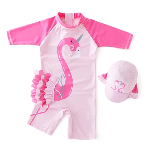 JiAmy Girls Swimsuit Swimming Costume Long Sleeve One-Piece UV Protection Swimwear Summer Rash Guard Bathing Suits with Sun Hats Dark Pink 6-7 Years