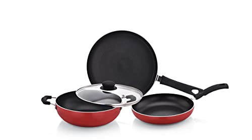 Image of TWIN BIRDS Induction Base Non Stick Aluminium Cookware Set Including Kadai 240MM, Fry Pan 240 MM, Tawa 250 MM and Glass Lid | Red and Black